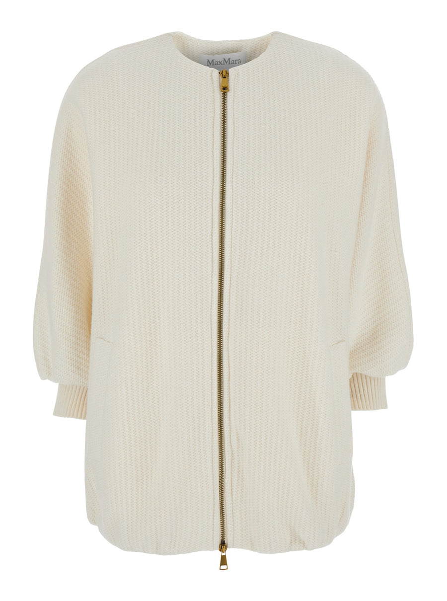 White Crewneck Knit Jacket With Logo Patch Virgin Wool Coat