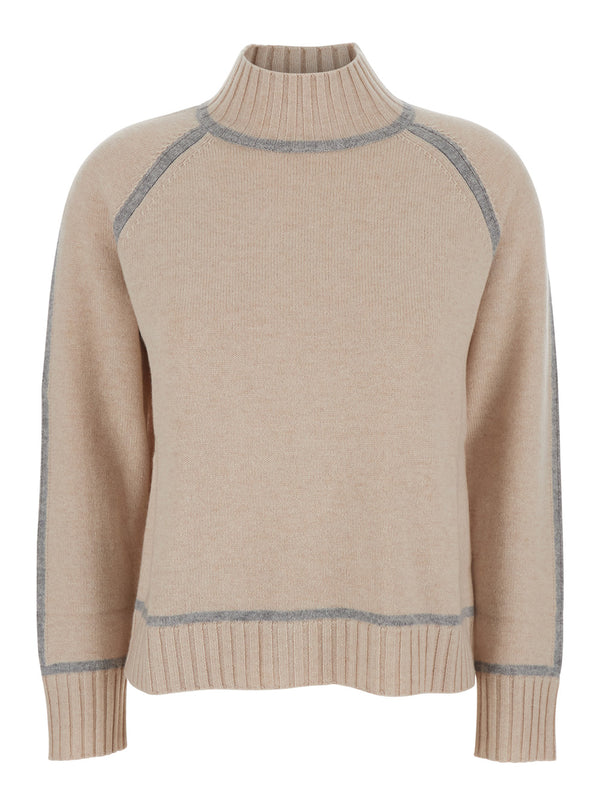 Beige Sweater With High Neck And Contrasting Details Wool Tops
