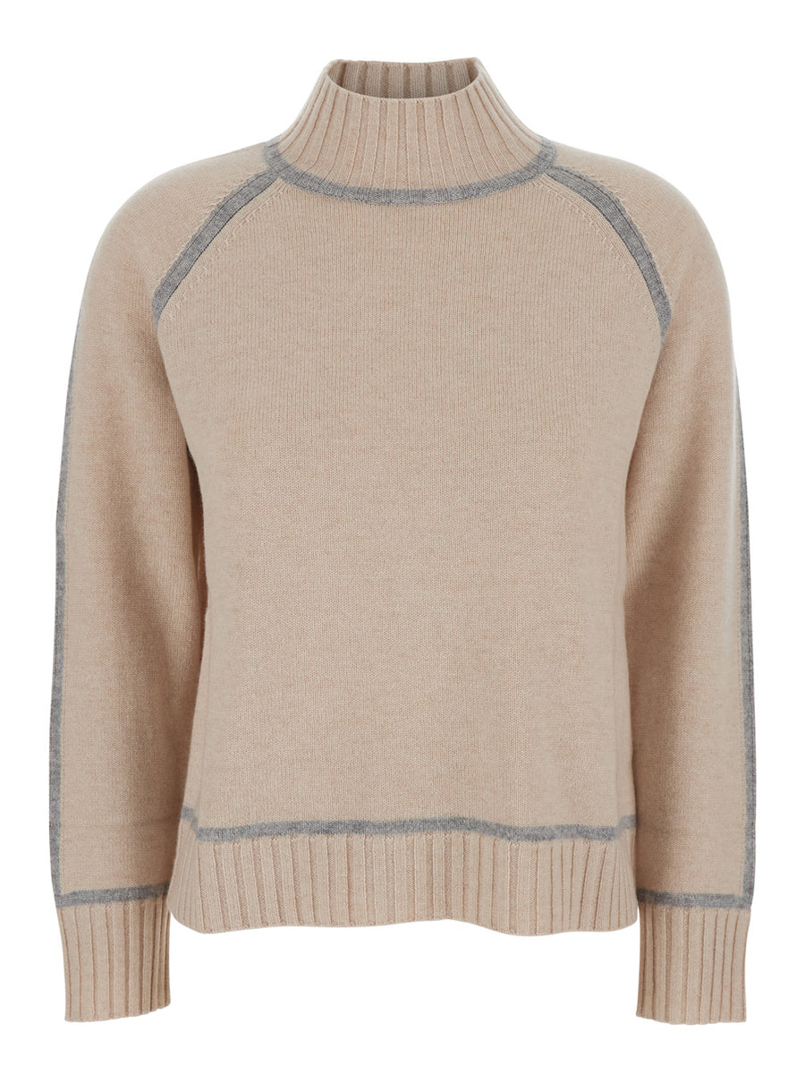 Beige Sweater With High Neck And Contrasting Details Wool Tops