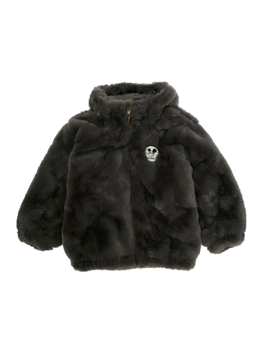 Grey Faux Fur Jacket With Logo Patch Polyester