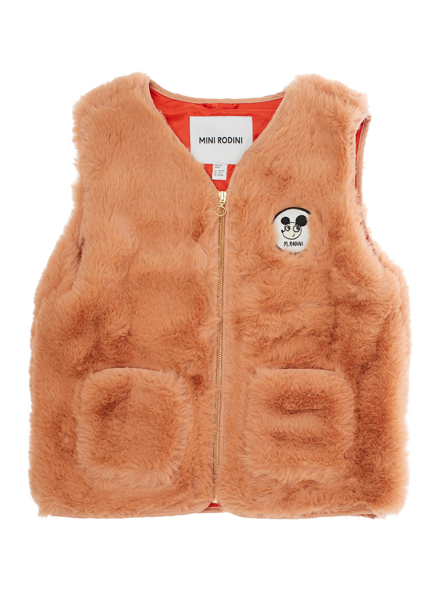 Beige Faux Fur Vest With Logo Patch Polyester Blazers