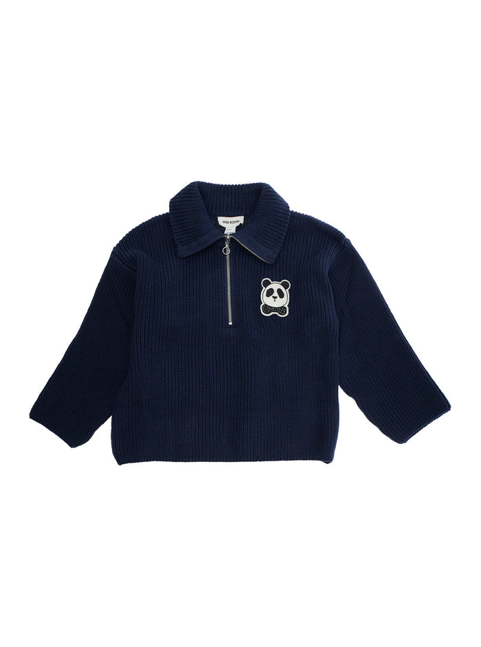Blue Sweater with Classic Collar and Panda Patch on the Front in Cotton Boy Blu Jersey