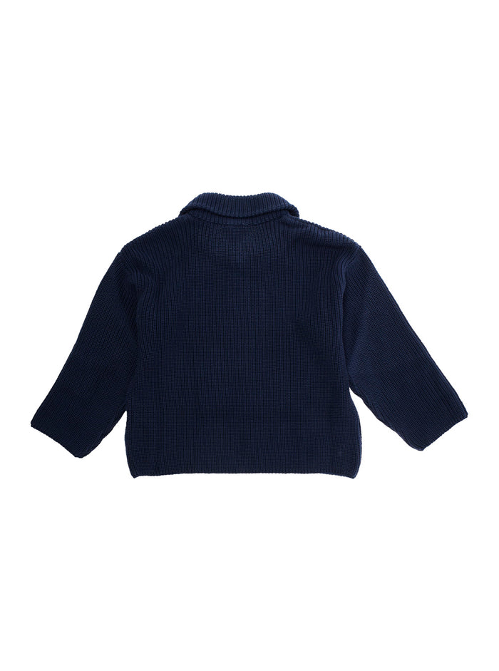 Blue Sweater with Classic Collar and Panda Patch on the Front in Cotton Boy Blu Jersey