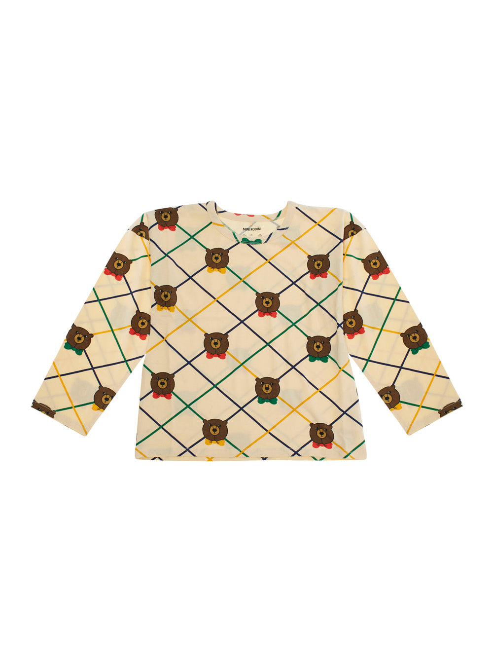 Beige Long-Sleeve T-Shirt with All-Over Check Motif and Bear Print in Cotton Girl Elastane Jersey