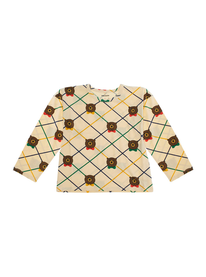 Beige Long-Sleeve T-Shirt with All-Over Check Motif and Bear Print in Cotton Girl Elastane Jersey