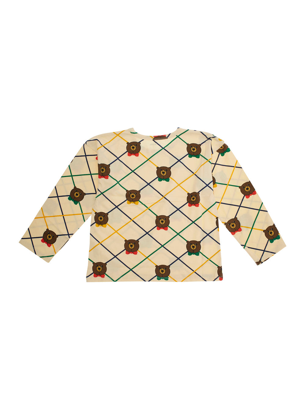 Beige Long-Sleeve T-Shirt with All-Over Check Motif and Bear Print in Cotton Girl Elastane Jersey