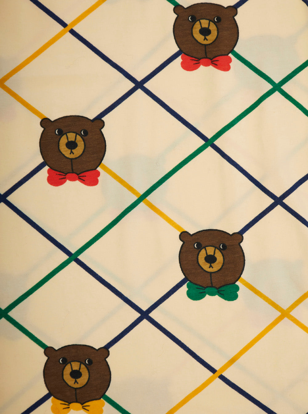 Beige Long-Sleeve T-Shirt with All-Over Check Motif and Bear Print in Cotton Girl Elastane Jersey