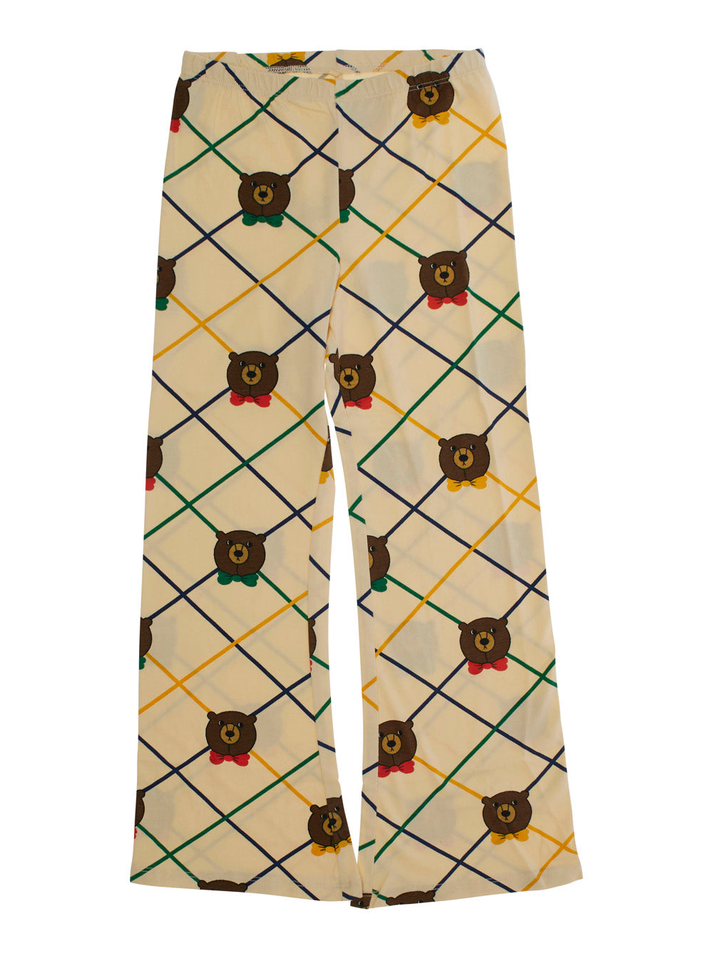 Beige Flared Pants with All-Over Check Motif and Bear Print in Cotton Stretch Girl Elastane Trousers