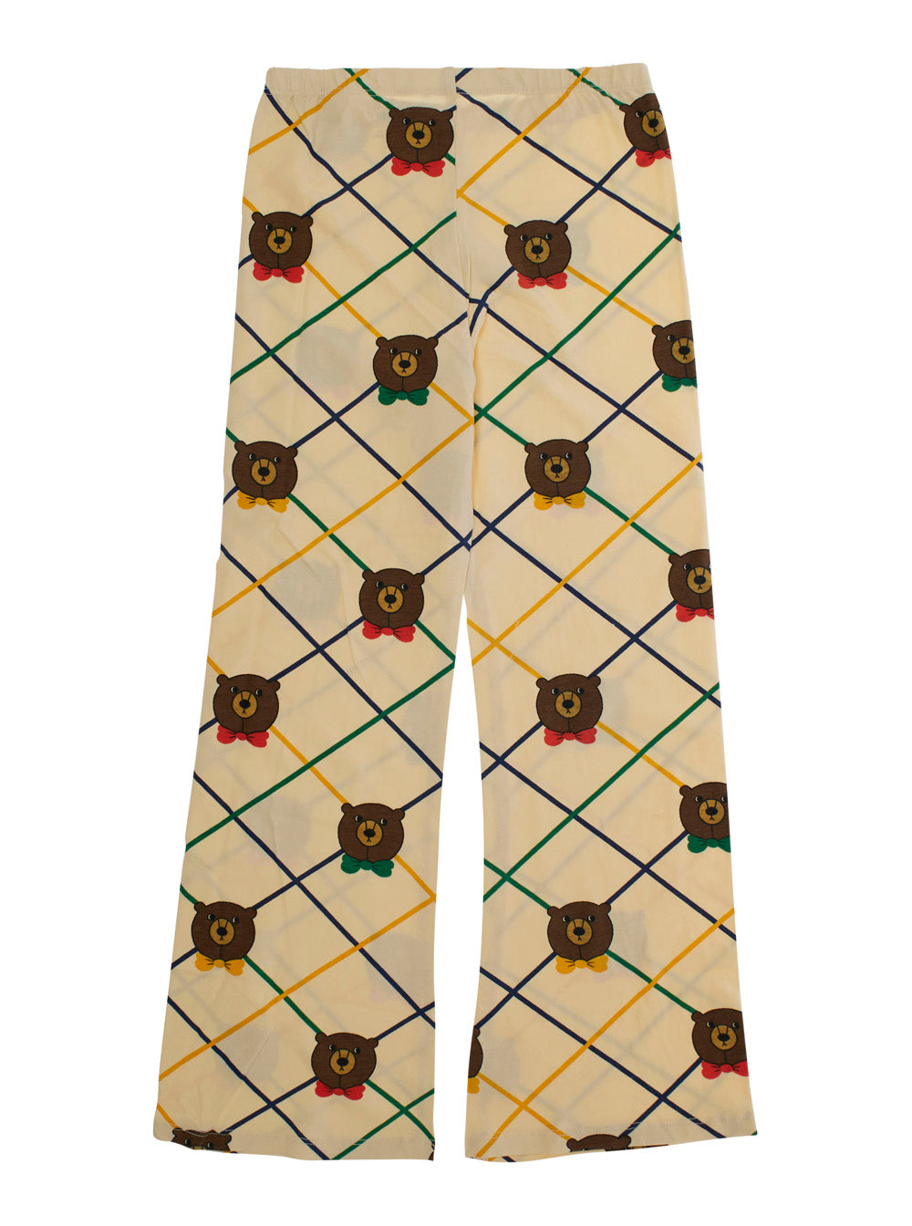 Beige Flared Pants with All-Over Check Motif and Bear Print in Cotton Stretch Girl Elastane Trousers