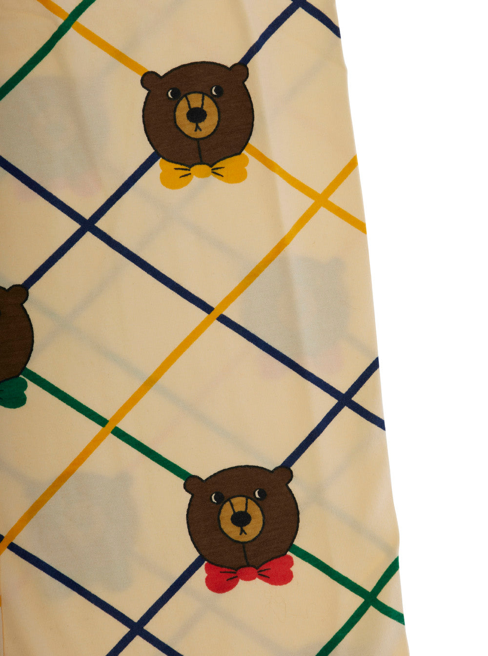 Beige Flared Pants with All-Over Check Motif and Bear Print in Cotton Stretch Girl Elastane Trousers