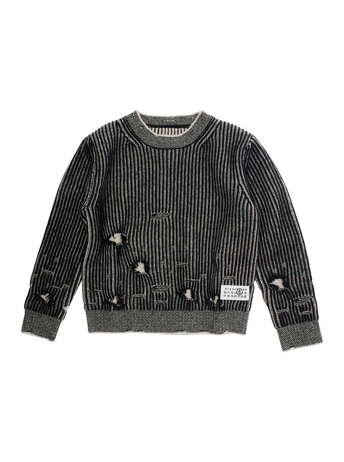 Black Sweater With Ripped Details And Logo Patch Wool Boy Jersey