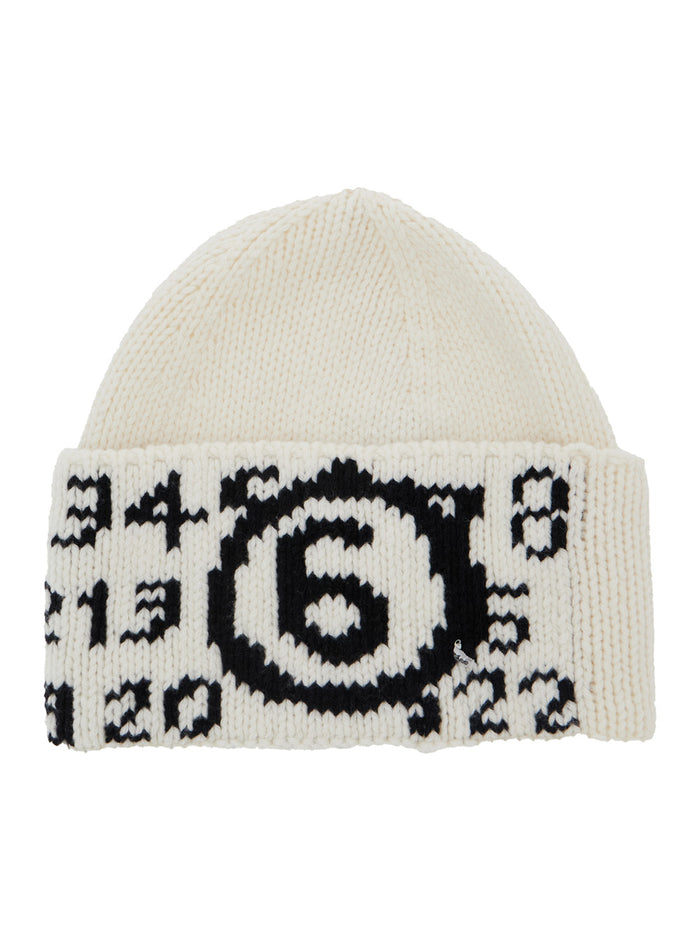 White Knit Beanie With Maxi Logo Embroidery On The Front Wool Blend Boy Nylon Hats And Gloves