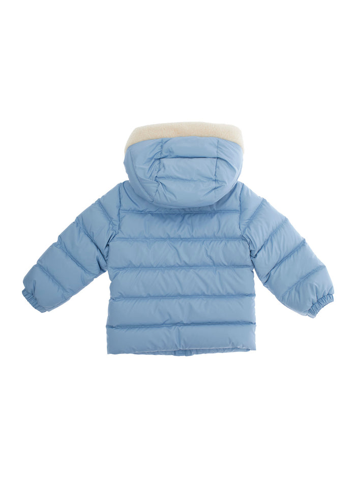 Light Blue Down Jacket With Hood Fur And Logo Patch On Front Sleeve Tech Fabric Baby Polyester