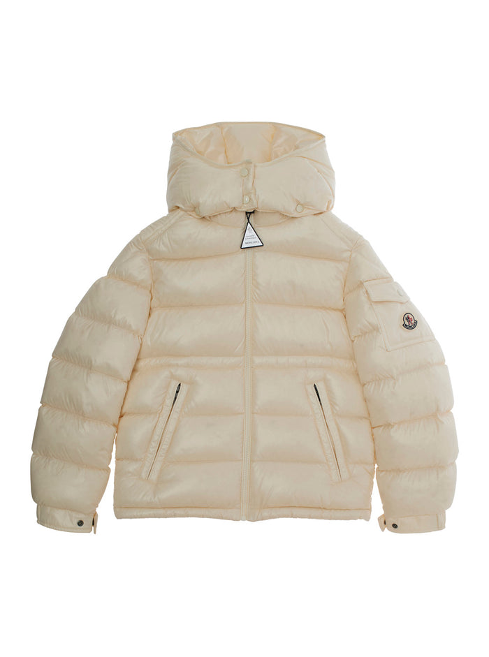 Maire White Down Jacket With Fixed Hood And Logo Patch On Sleeve Tech Fabric Girl Polyamide