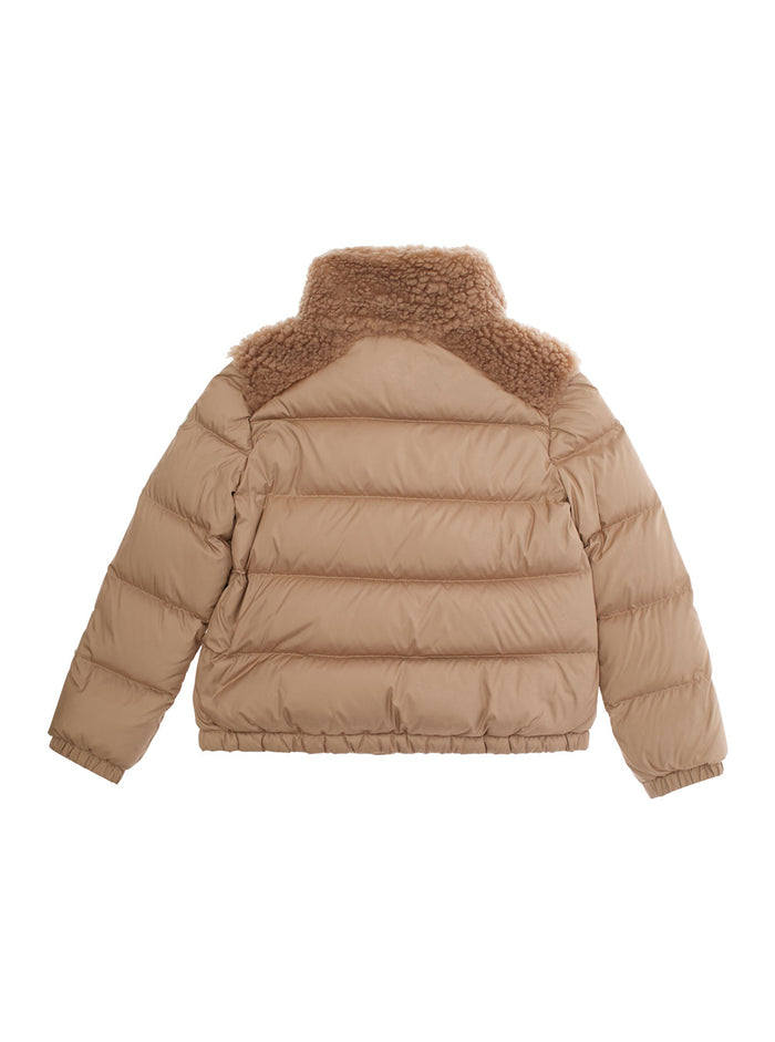 Vard Beige Down Jacket With Eco-Fur Details And Logo Patch On The Sleeve Tech Fabric Girl Polyester