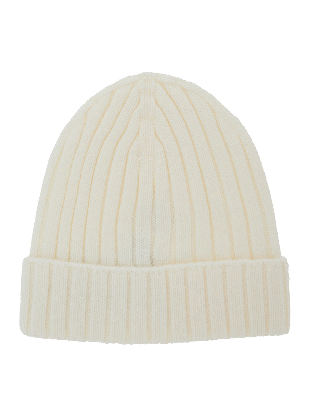 White Ribbed Knit Beanie with Logo Patch on the Front in Wool Baby Virgin Hats And Gloves