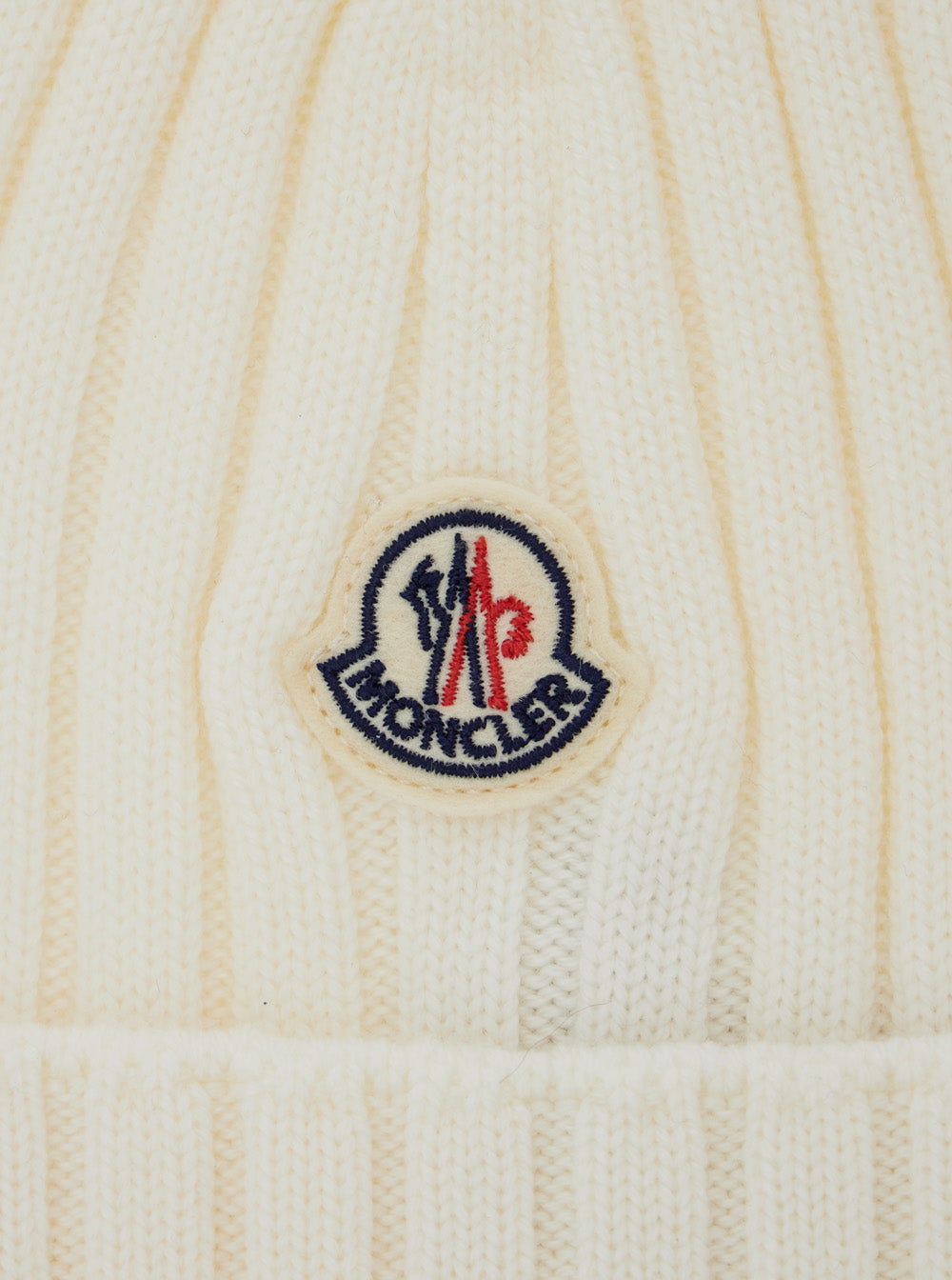 White Ribbed Knit Beanie with Logo Patch on the Front in Wool Baby Virgin Hats And Gloves