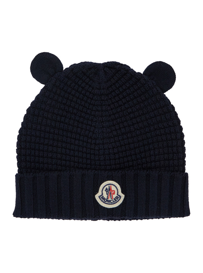 Blue Beanie With Logo Patch On The Front And Ear Patches Wool Baby Blu Virgin Hats Gloves