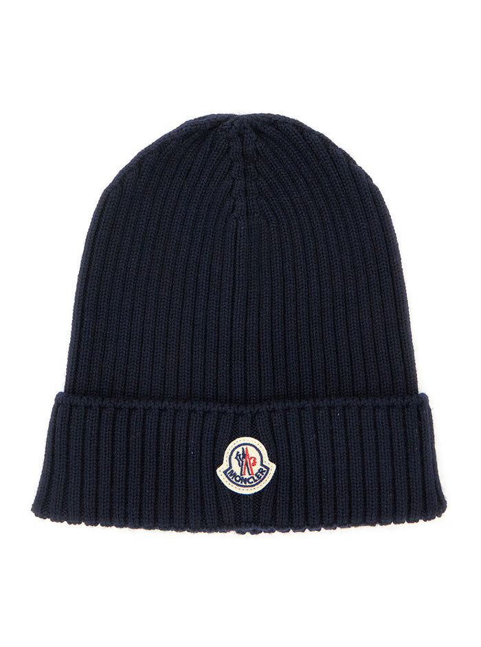 Blue Beanie with Logo Patch on the Front and Turn-Up Brim in Wool Boy Blu Virgin Hats Gloves