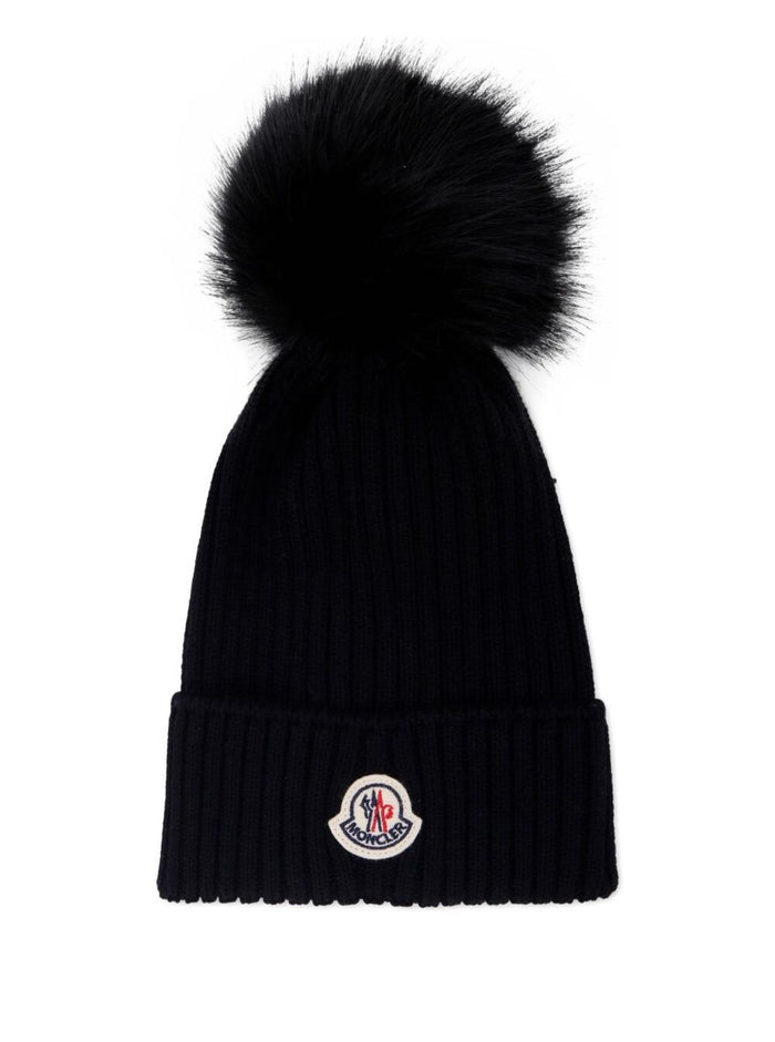 Black Beanie With Logo Patch On The Front And Skullcap Wool Girl Modacrylic Polyester Acrylic Hats Gloves