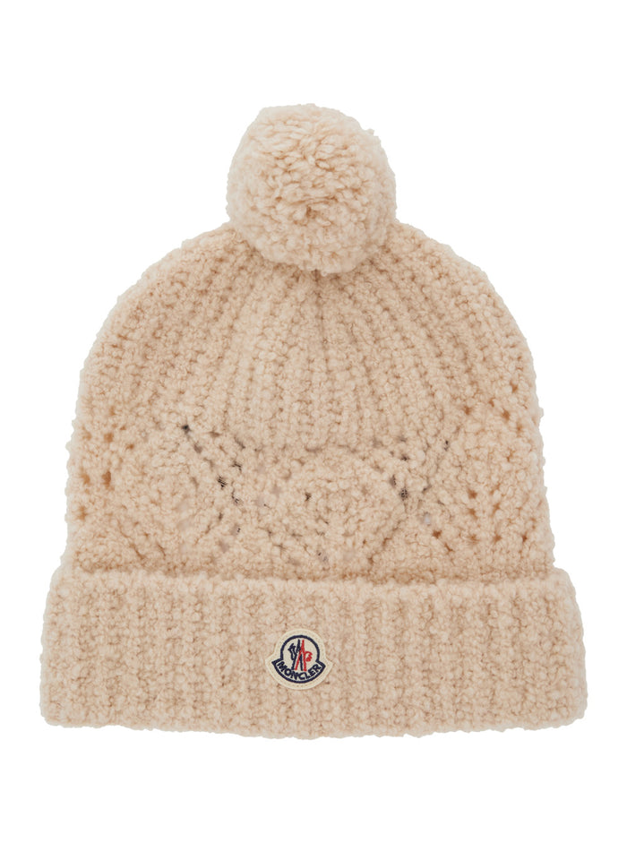 White Beanie with Pompom and Logo Patch on the Front in Wool Girl Virgin Hats Gloves