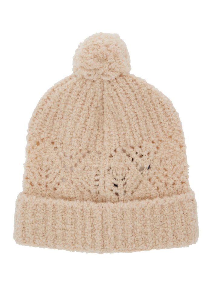 White Beanie with Pompom and Logo Patch on the Front in Wool Girl Virgin Hats Gloves