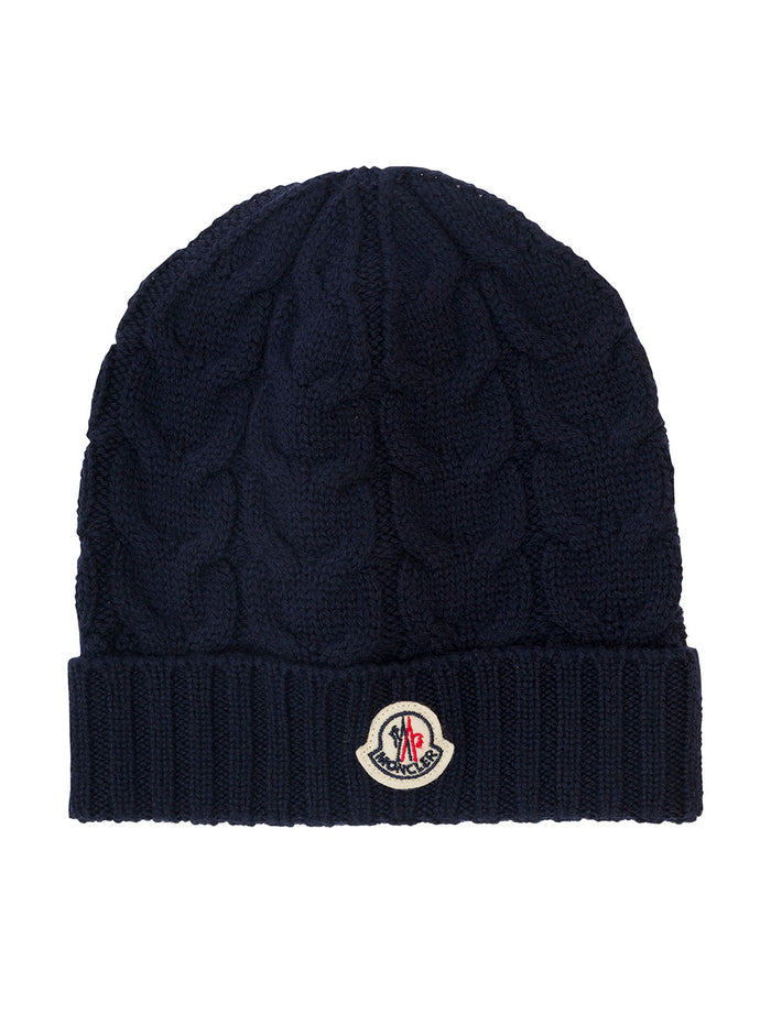 Blue Cable Knit Beanie with Logo Patch in Wool Boy Blu Virgin Hats And Gloves