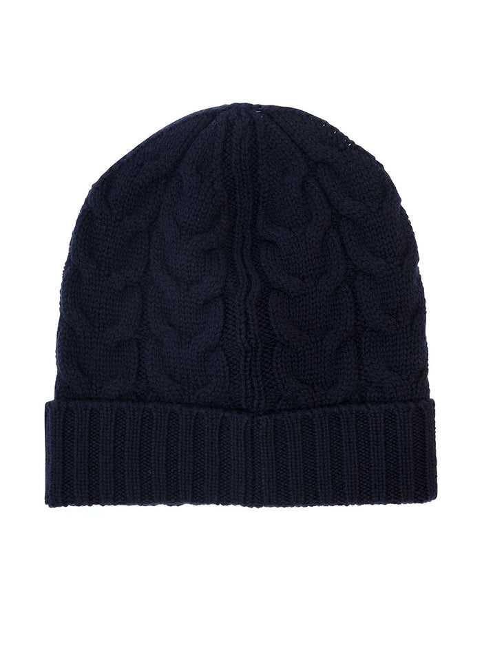 Blue Cable Knit Beanie with Logo Patch in Wool Boy Blu Virgin Hats And Gloves