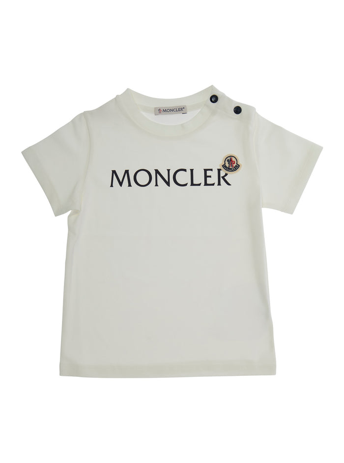 White T-Shirt with Logo Print and Snap Buttons in Stretch Cotton Baby Elastane Tshirts Polo Shirts