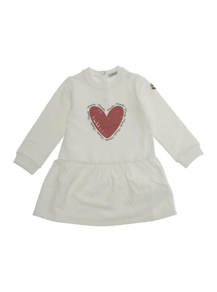 White Crewneck Dress with Heart Print on the Front and Logo Patch Sleeve in Cotton Stretch Baby Elastane
