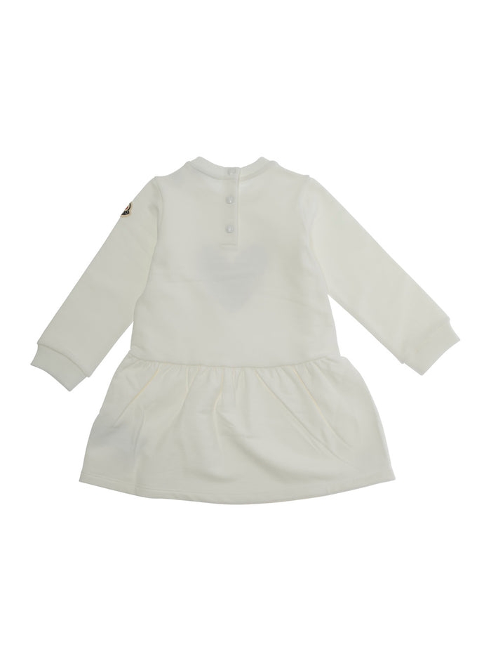White Crewneck Dress with Heart Print on the Front and Logo Patch Sleeve in Cotton Stretch Baby Elastane