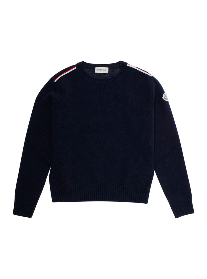 Blue Crewneck Sweater with PAtch Logo on Sleeve in Cotton Baby Blu Jersey