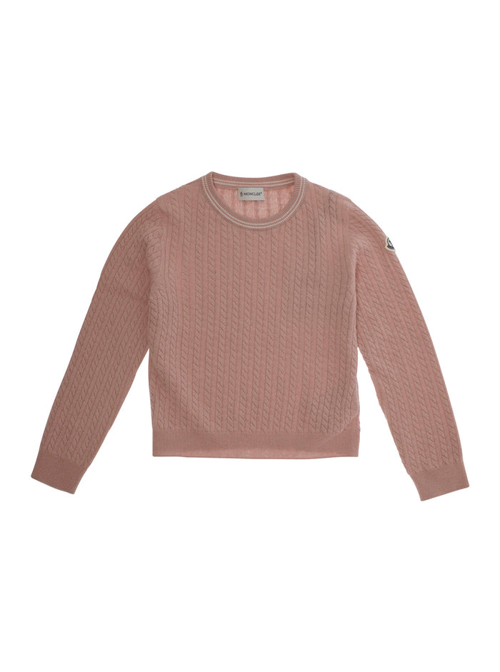 Pink Sweater With Braided Design And Logo Patch On Sleeve Virgin Wool Blend Baby Acrylic Jersey