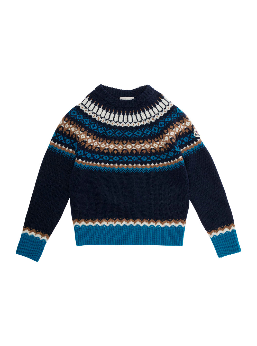 Multicolor Crewneck Sweater with Geometric Embroidery and Ribbed Trims in Wool Boy Virgin Jersey