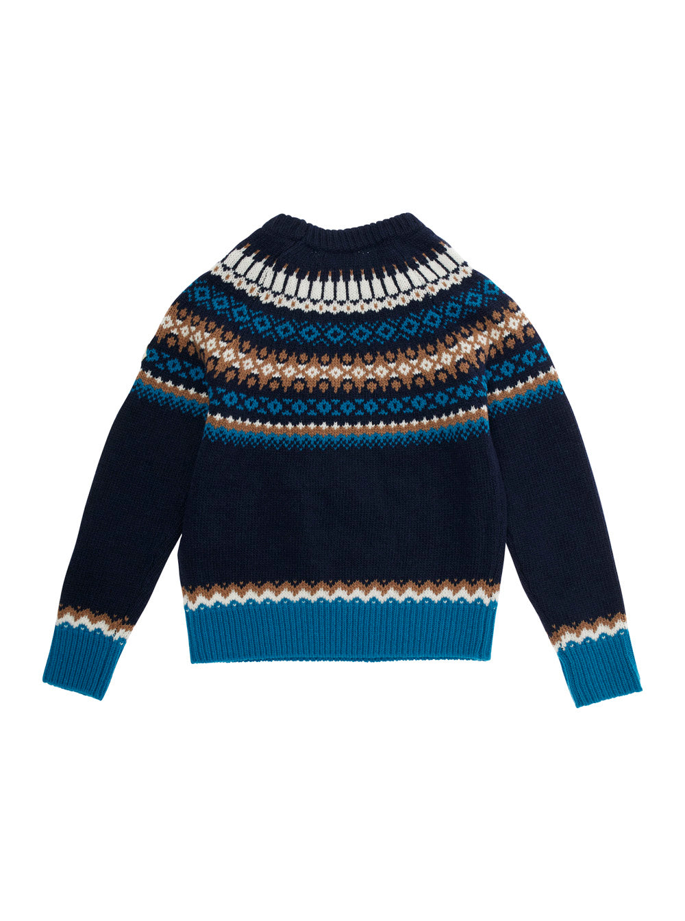 Multicolor Crewneck Sweater with Geometric Embroidery and Ribbed Trims in Wool Boy Virgin Jersey