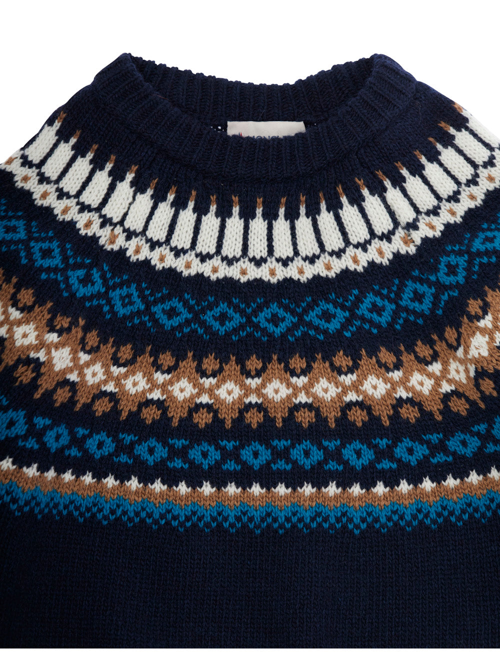 Multicolor Crewneck Sweater with Geometric Embroidery and Ribbed Trims in Wool Boy Virgin Jersey