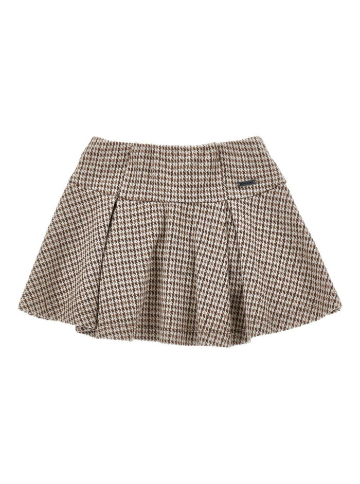 Beige Skirt with Box Pleats and Logo Plaque on the Front in Fabric Girl