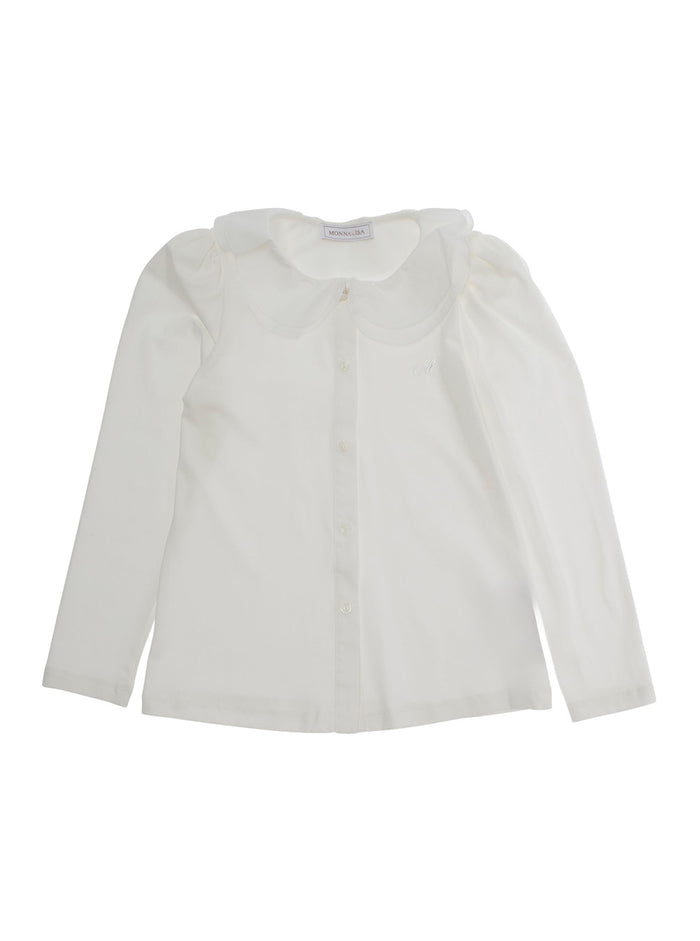 White Shirt With Ruched Collar And Logo Embroidery On The Front Cotton Stretch Girl Elastane Blouses
