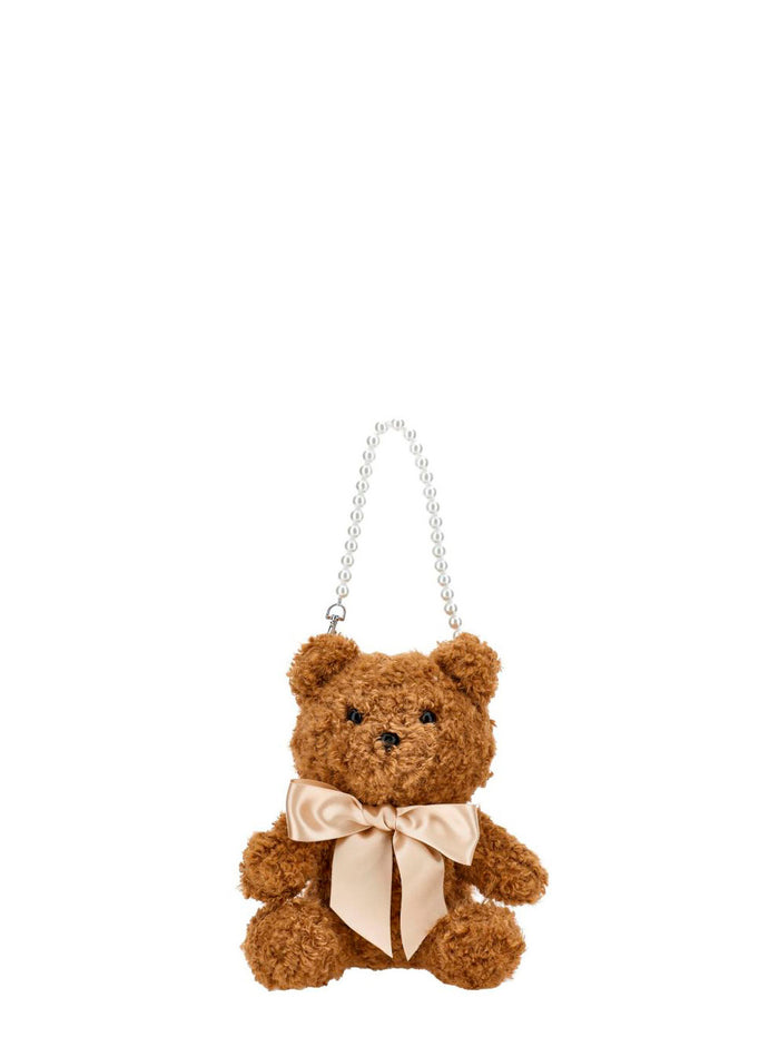 Brown Shoulder Bag With Teddy Bear Design Fabric Woman Beige Polyester