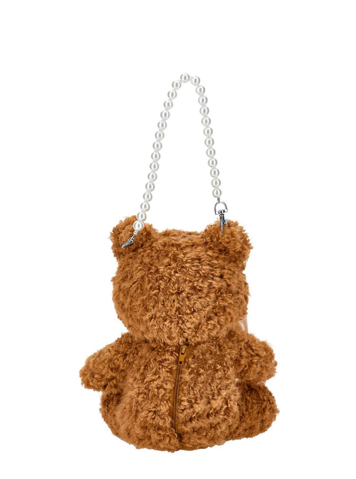 Brown Shoulder Bag With Teddy Bear Design Fabric Woman Beige Polyester
