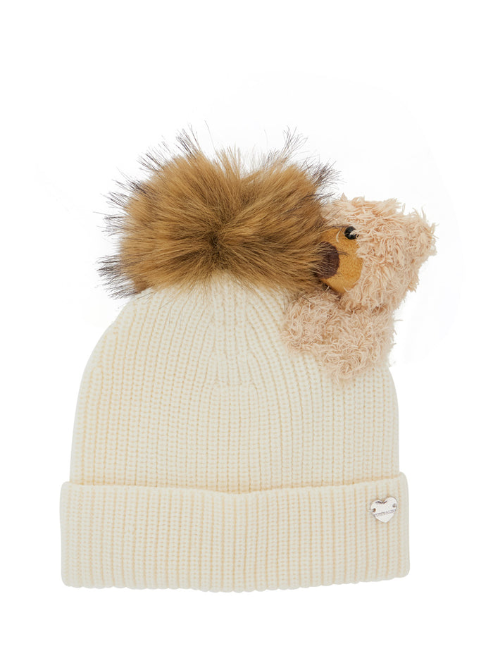 White Beanie With Teddy Detail And Logo Plaque On The Front Wool Girl Hats Gloves