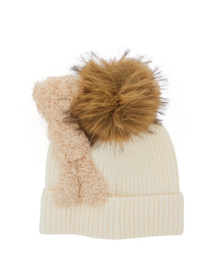 White Beanie With Teddy Detail And Logo Plaque On The Front Wool Girl Hats Gloves