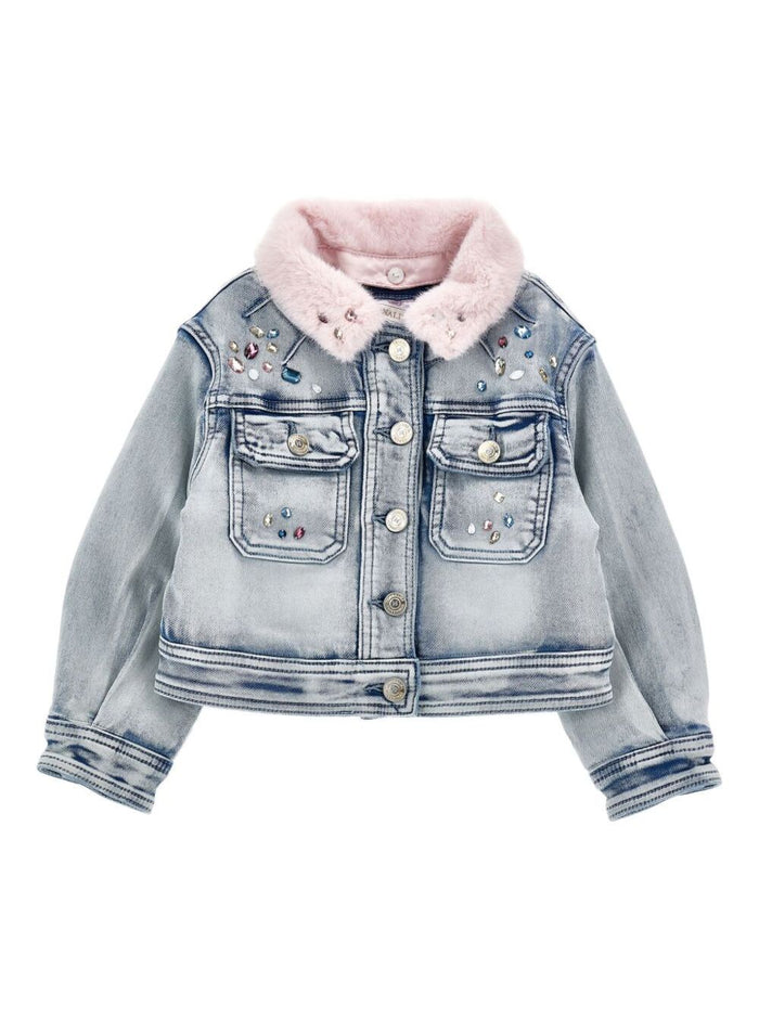 Grey Jacket With Faux Fur Collar And Back Embroidery Cotton Girl Polyester Elastane