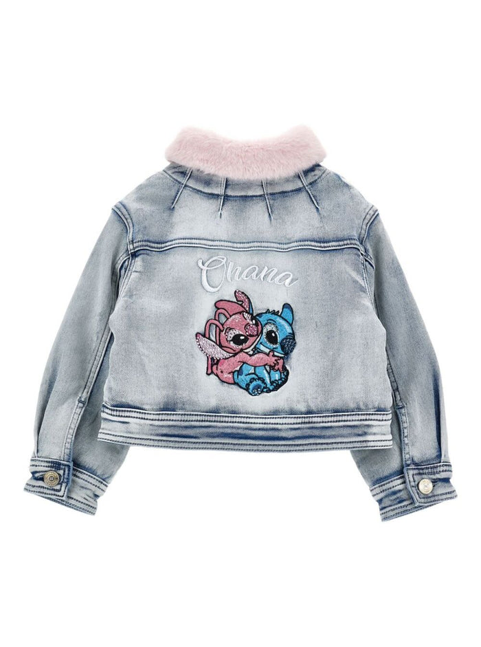 Grey Jacket With Faux Fur Collar And Back Embroidery Cotton Girl Polyester Elastane