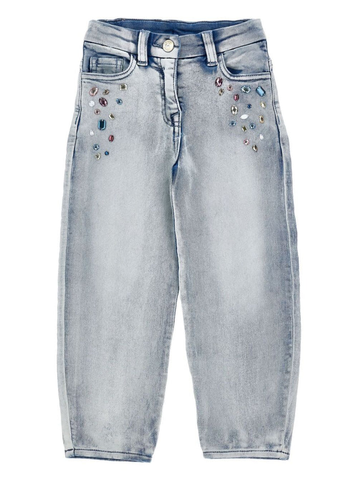 Grey Jeans With Crystal Appliques And Logo Patch On The Back Cotton Girl Polyester Elastane