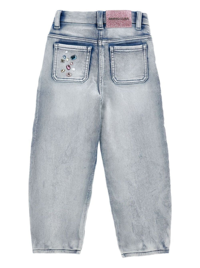 Grey Jeans With Crystal Appliques And Logo Patch On The Back Cotton Girl Polyester Elastane