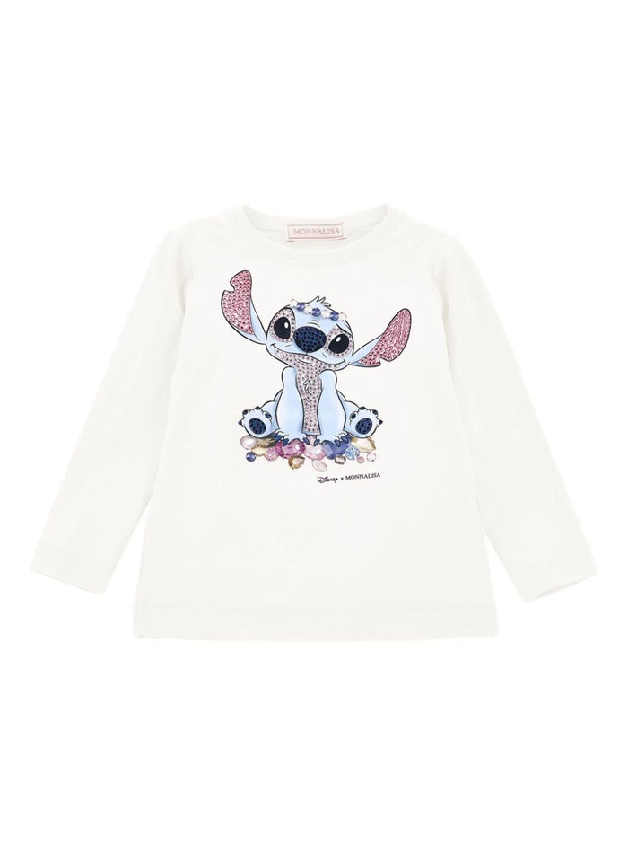 White Long-Sleeved T-Shirt With Front Print Cotton Baby Elastane Tshirts And Polo Shirts