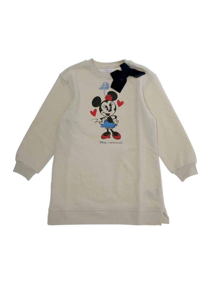 White Crewneck With Bow Detail On The Front And Print Cotton Blend Baby Metallized Dress