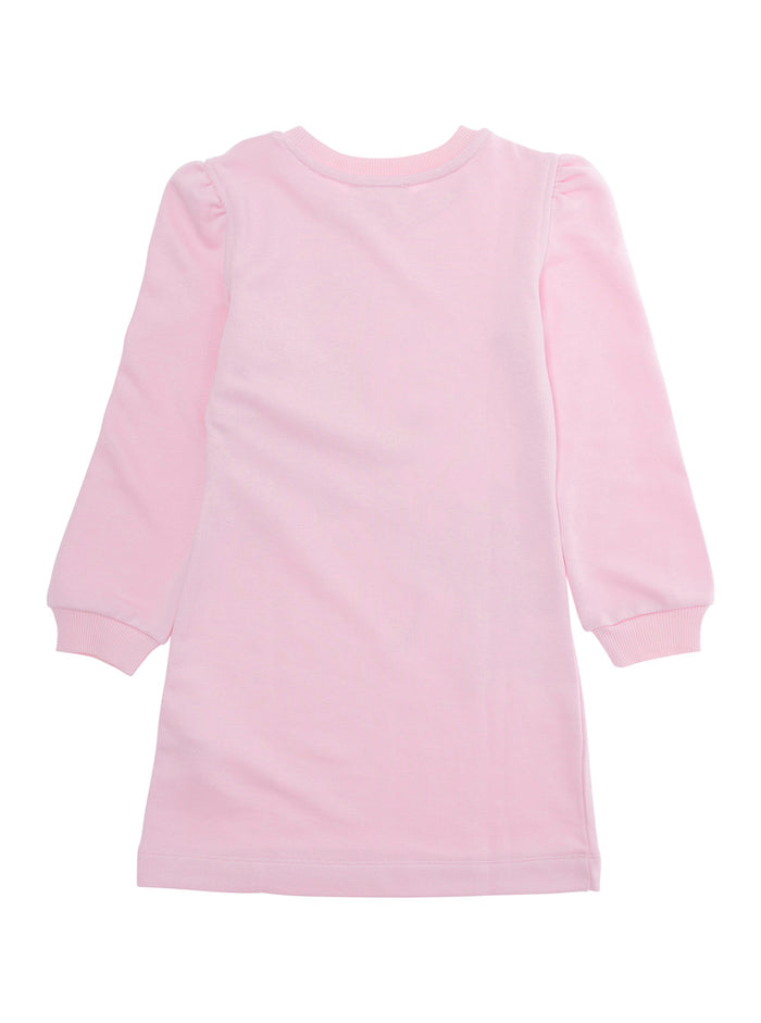 Pink Crew Neck Dress With Stitch Print On The Front Cotton Girl