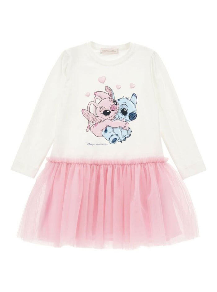 White Dress With Front Print And Built-Skirt Cotton Blend Girl Elastane